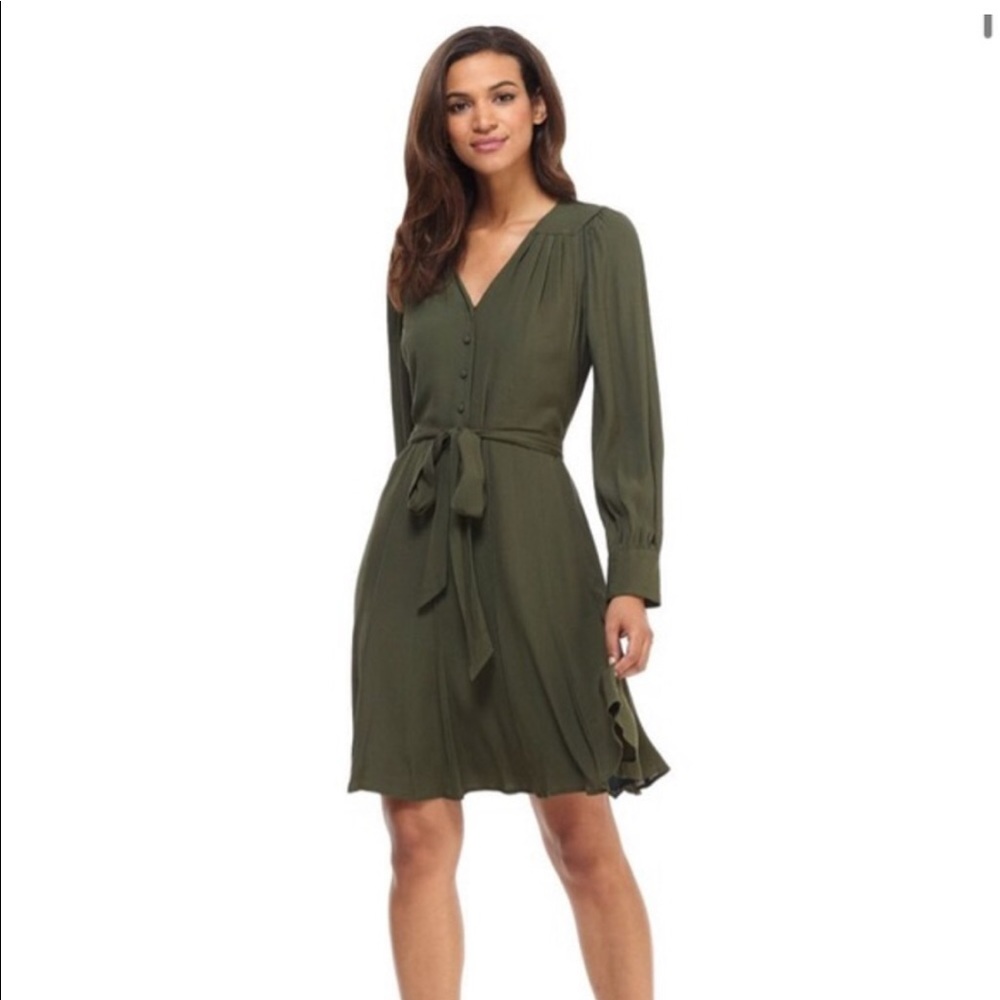 Gal Meets Glam Olive Green Long Sleeve V-Neck Tie Waist Dress